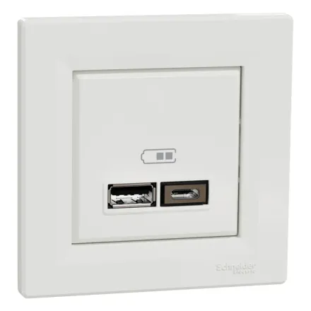 Розетка USB SE EPH2700321 Asfora A+С 5 В/24 А (2 х 5В/12 А) в сборе белый