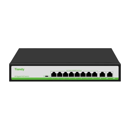 Tiandy TC-P3S010 неуправляемый PoE-коммутатор, 10 портов: 8 PoE 1 Гбит/с + 2 RJ-45 1 Гбит/с, 110 Вт