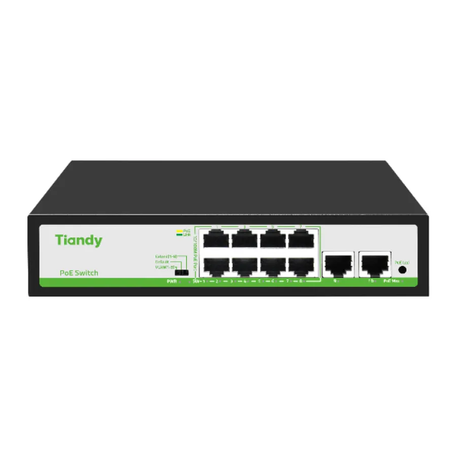 Tiandy TC-P3S010 неуправляемый PoE-коммутатор, 10 портов: 8 PoE 100 Мбит/с + 2 RJ-45 1 Гбит/с, 90 Вт
