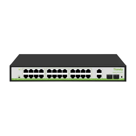 Tiandy TC-P3S028 неуправляемый PoE-коммутатор, 28 портов: 24 PoE 1 Гбит/с + 2 RJ-45 1 Гбит/с + 2 SFP 1 Гбит/с