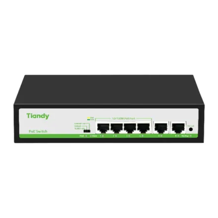 Tiandy TC-P3S06 неуправляемый PoE-коммутатор, 6 портов: 4 PoE 100 Мбит/с + 2 RJ-45 100 Мбит/с, 55 Вт