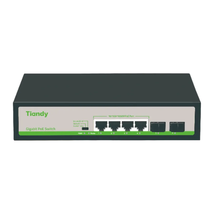 Tiandy TC-P3S06 неуправляемый PoE-коммутатор, 6 портов: 4 PoE 1 Гбит/с + 2 SFP 1 Гбит/с, 60 Вт